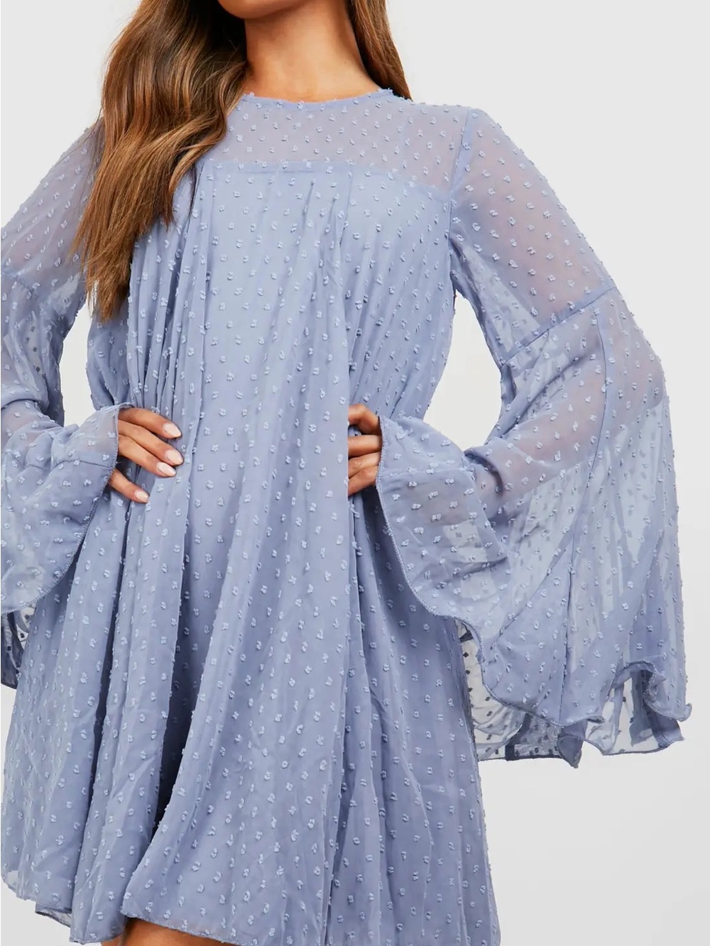 Light Blue Swiss Dot Chiffon Bell Sleeve Dress - Women
